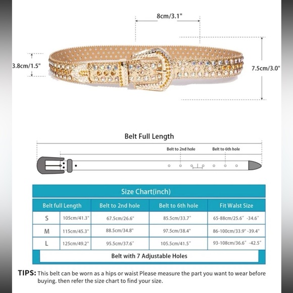 New Gorgeous Gold Embellished Rhinestone Western Decor Belt 7 Adjustable Holes - Picture 9 of 11